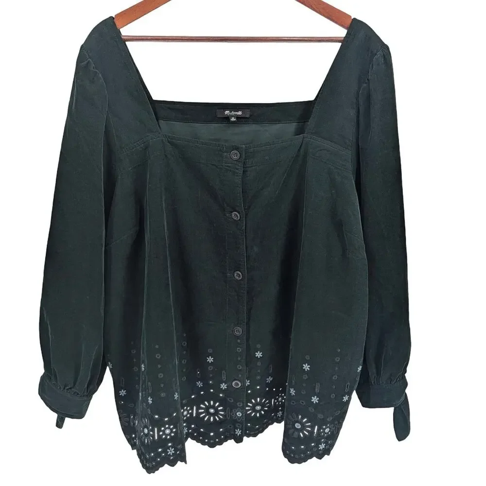 Madewell Embroidered Eyelet Corduroy Tie Sleeve Top Dark Palm Green Plus 3X Boho